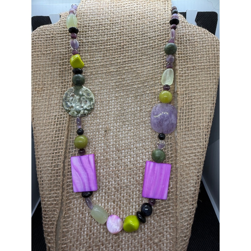 Sterling Silver 925 Mixed Gemstone Shell Bead Statement Necklace Purple Green